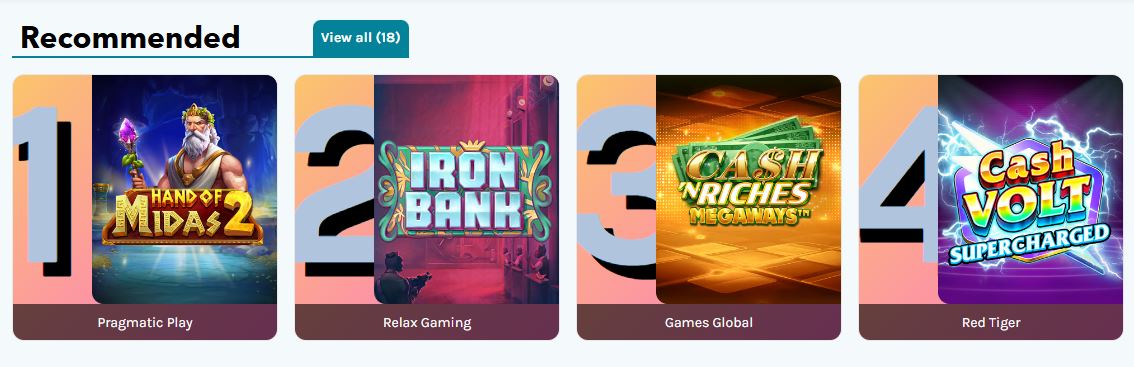 Play top recommended slots including Hand of Midas 2, Iron Bank and Cash N Riches Megaways
